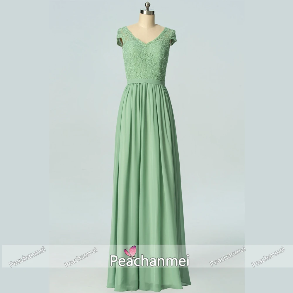 

V Neck Lace Chiffon Bridesmaid Dress A Line Prom Dresses 2020 Robe De Soiree Capped Sleeves Evening Ball Gown Party Dress
