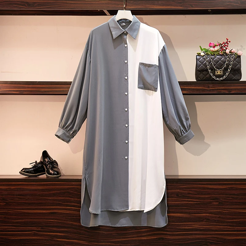 

XL-5XL Plus Size 2019 Autumn Europe Style Women Two-tone Shirt Dress Female Loose Dresses Oversize N209