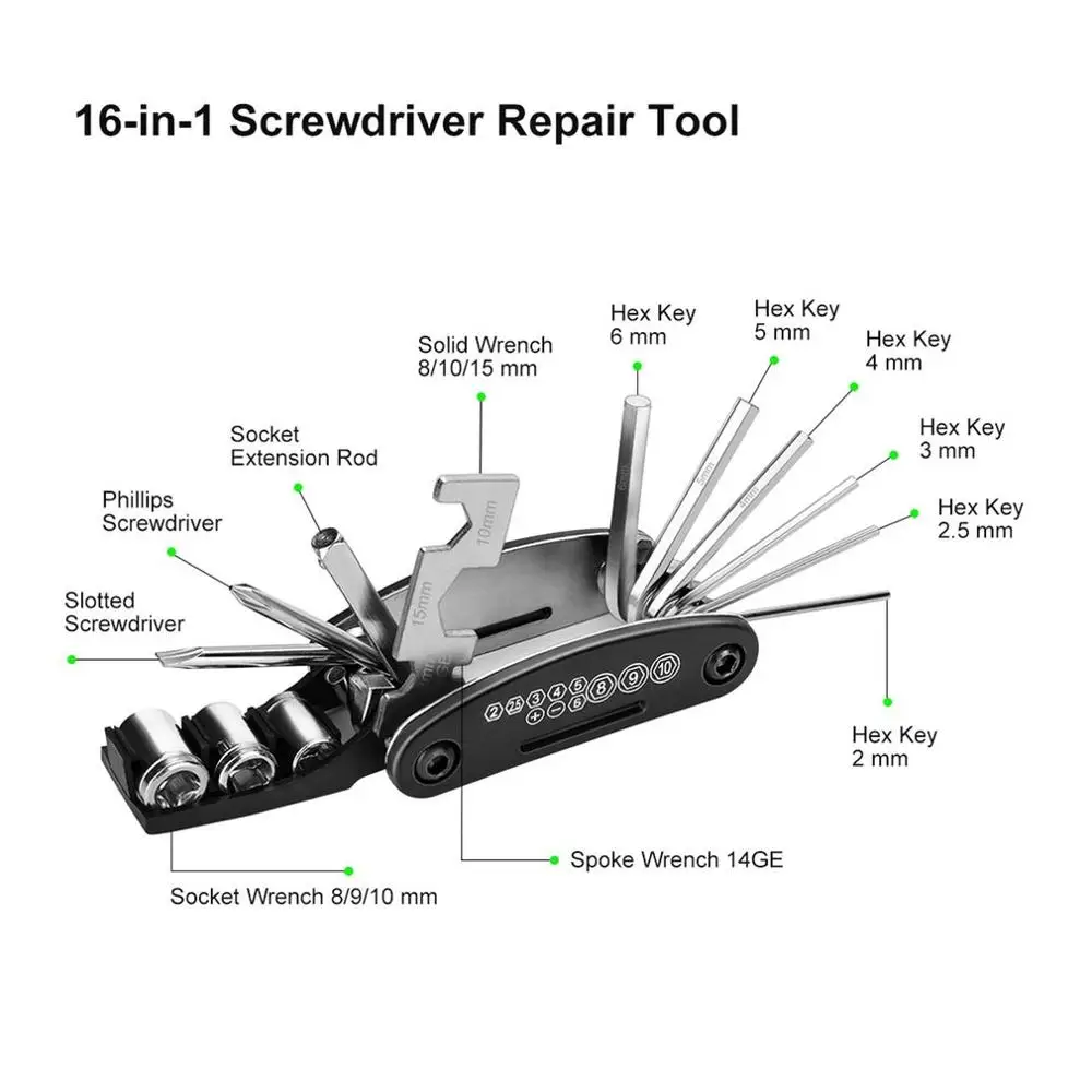 Набор для ремонта велосипеда, сумка для велосипеда, многофункциональный набор инструментов 16 в 1, шестигранный ключ, соединительный рычаг для шин, портативный удобный многофункциональный инструмент