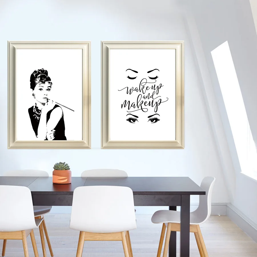 

Retro Simple Audrey Hepburn Make Up Beauty Creative Painting Living Room Porch Background Black and White Decorative Canvas Art