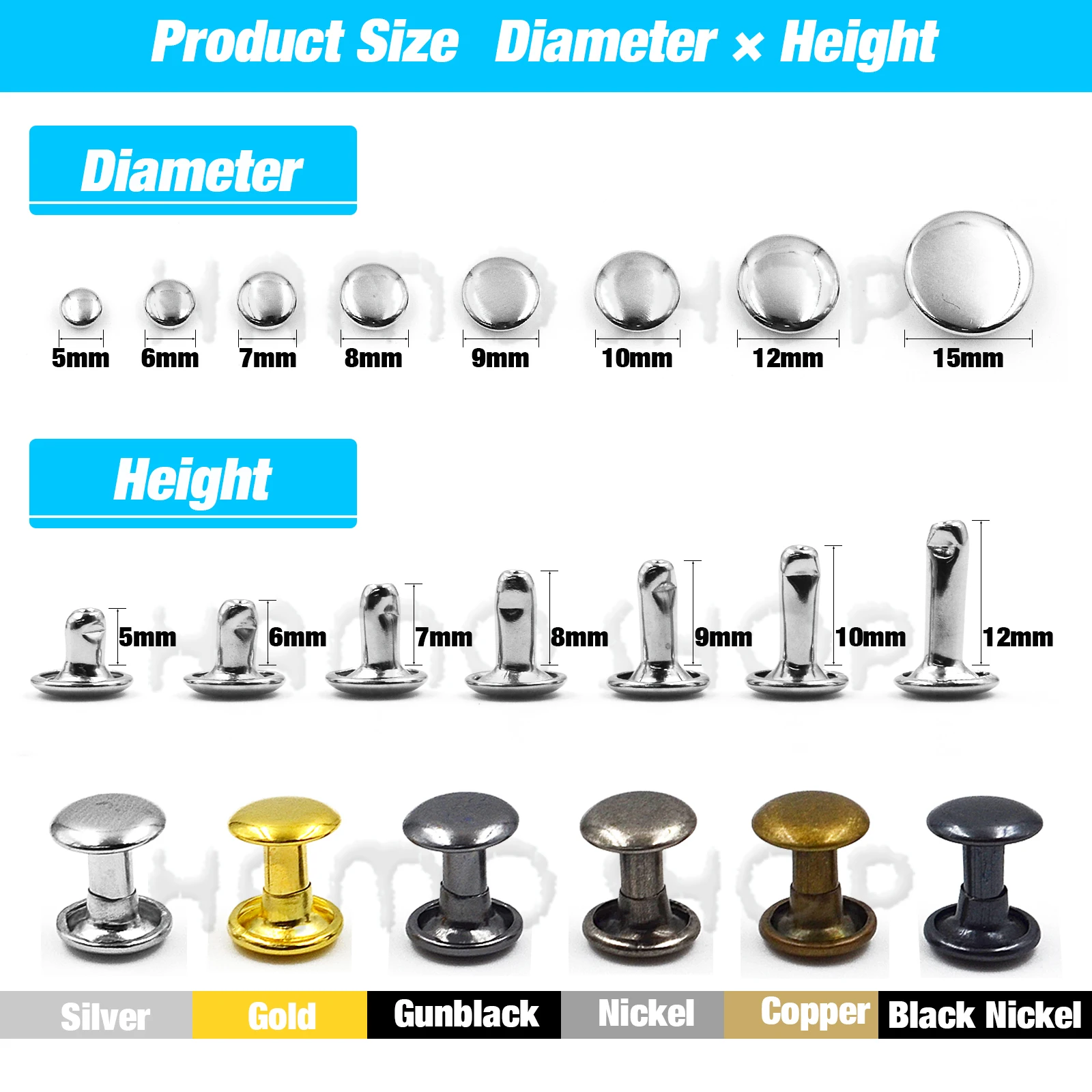 Metal Rivets 100Sets 5-15mm Metal Double Cap Rivets Stud Round Nail Rivet For Leathercraft Accessories Repair Shoes Bag Belt Clothing Garment