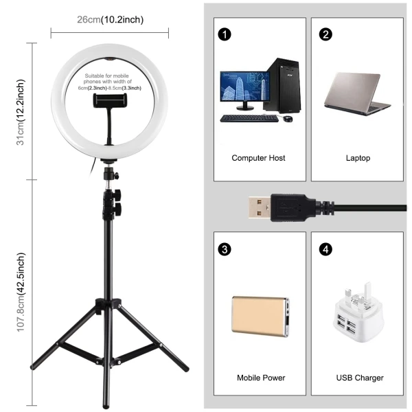 PULUZ 10 inch 26cm LED RGBWW Light+1.1m Tripod Mount 168 Dual-color Temperature Dimmable Ring Light Youtube Vlogging Photography