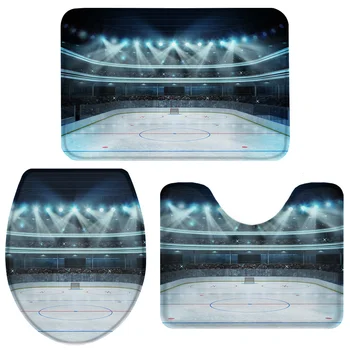 

3 Pieces Bathroom Set Ice Hockey Field Bath Set Toilet Cover Mat Pedestal Rug Non-Slip Bathroom Rug Set