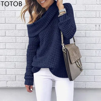 

TOTOB Off Shoulder Turn-down Collar Plus Size Sweater Autumn Winter Clothes Women Casual Knitted Pullovers Christmas Sweater