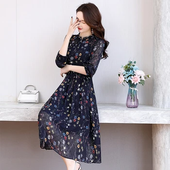 

Women Autumn Winter Floral Print Midi Dress Elegant Office Chiffion Dresses 2020 Fashion Long Sleeve Female Dress Vestidos
