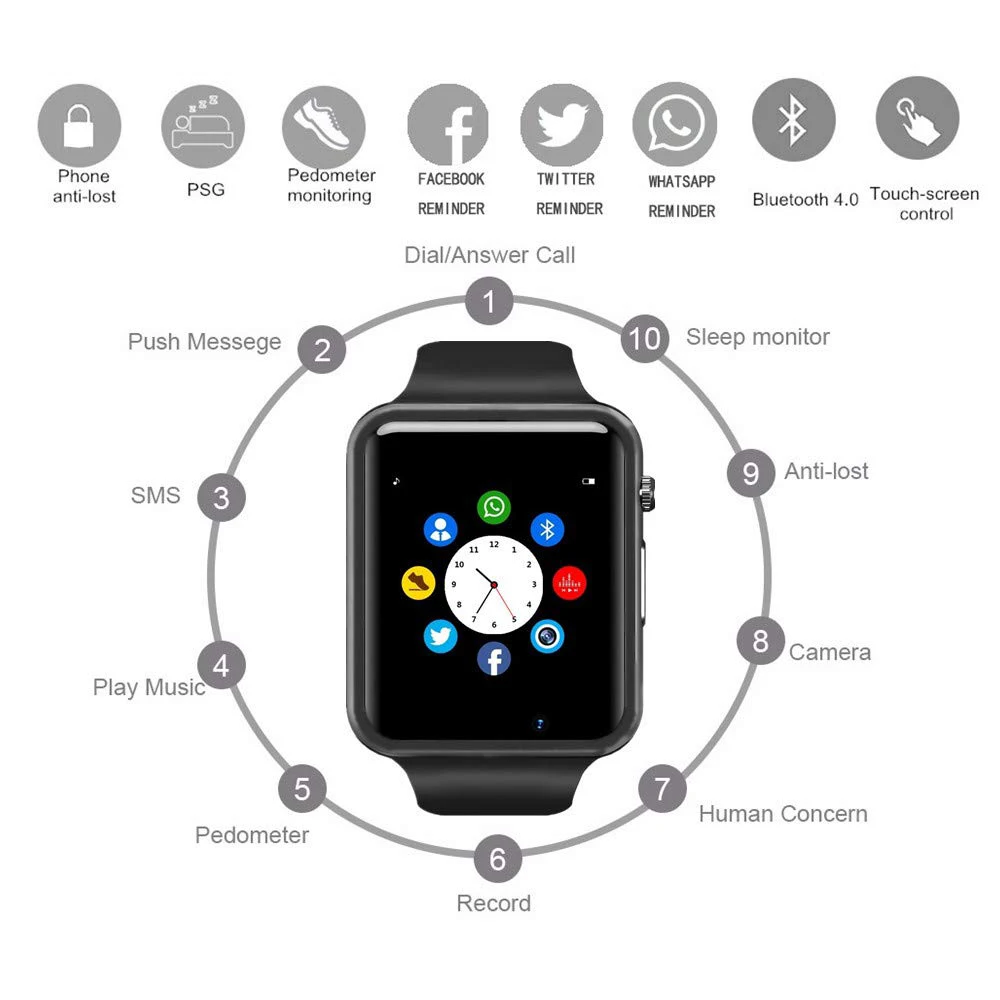 A1 наручные часы Bluetooth Смарт часы спортивные Шагомер с сим-камерой Smartwatch для Android часы