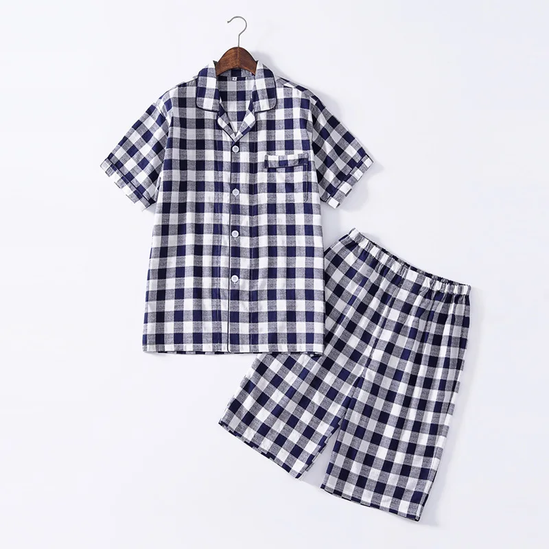 Summer New Plus size Men Casual Plaid Pajama sets Male 100%Cotton Sleepwear suit Men's Turn-Down collar shirt& Half Pants