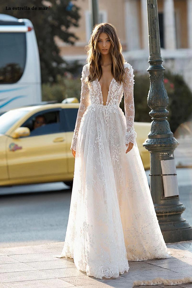 Vestidos novias boda, новинка, 3D цветок, кружево, длинный рукав, ТРАПЕЦИЕВИДНОЕ, цвета слоновой кости, Пляжное, бохо, свадебное платье со шлейфом, suknia slubna, роскошное, trouwjurk - Цвет: Слоновая кость