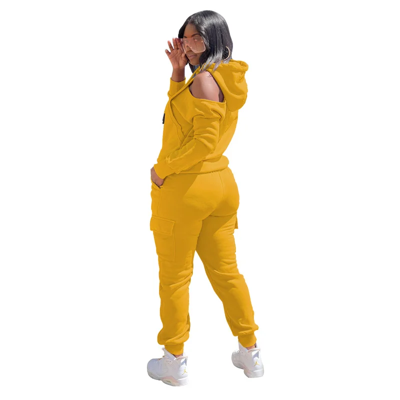 Active Wear Two Piece Jogging Suit for Women Cold Shoulder Long Sleeve  Hooded Top+Elastic Waist Pockets Sweatpant Female Outfits - AliExpress