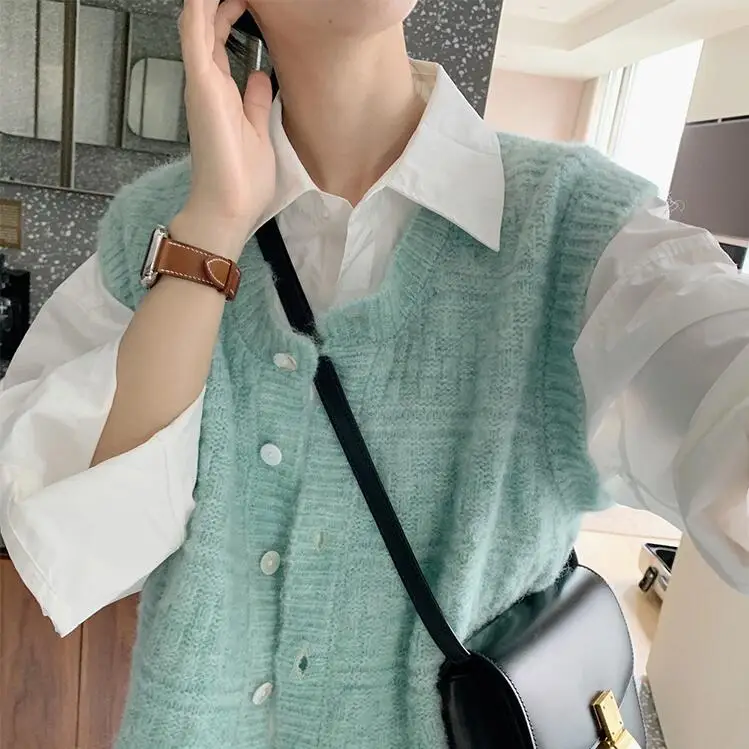 Korean Style Cardigan Mint Green Women Sweater Sleeveless Designer Knitted  Garment Loose Casual Solid Knitted Vest 2021 Autumn|Cardigans| - AliExpress