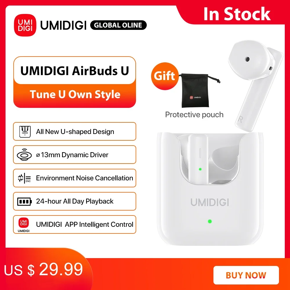 

Беспроводные наушники UMIDIGI AirBuds U, TWS, Bluetooth 5,1, ENC, шумоподавление, 380 мАч, зарядная коробка, спортивные наушники с микрофоном
