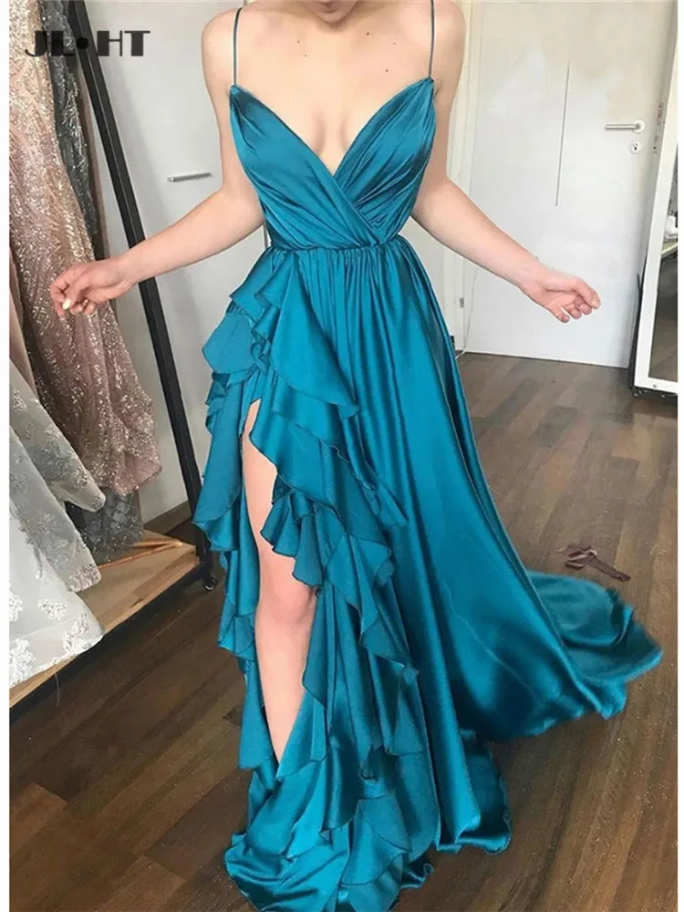 long evening dress A-Line Puffy Blue Evening Dresses Party Dress V-Neck Front Slit Silk Satin Sweep Train Simple Evening Dress formal evening gowns Evening Dresses