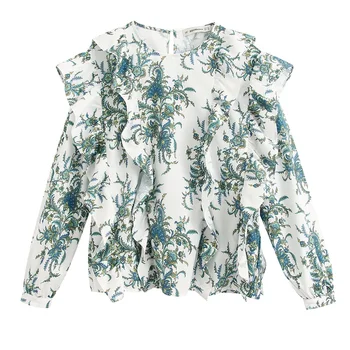 

2020 Spring Women's New Round Neck Long Sleeve Back Split Shirt Shirt Laminated Decorative Print Shirt