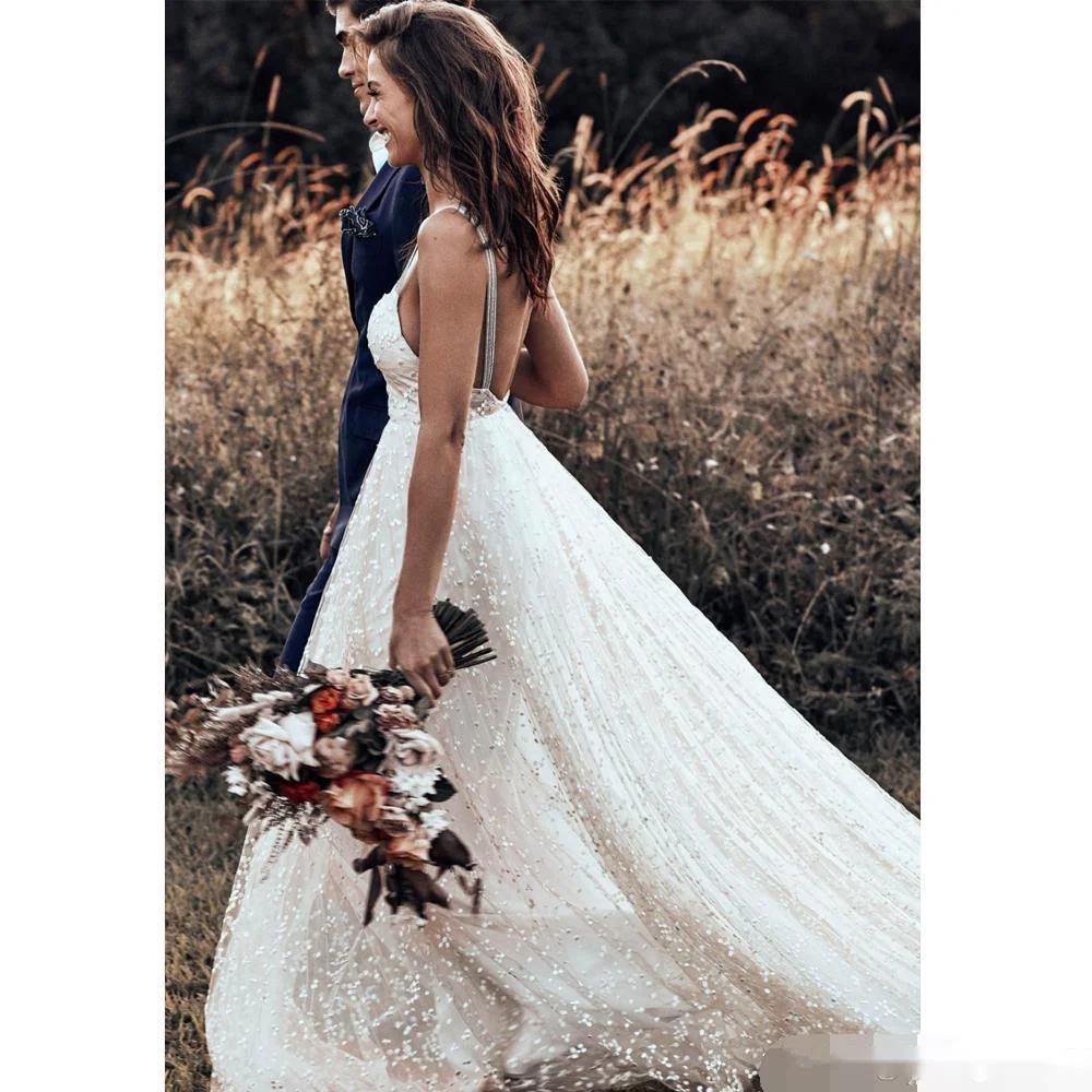 2019 Bohemian Wave Wedding Dresses Spaghetti Neckline Backless Beach Bridal Gowns Tulle Country Wedding Dress Vestido De Novia