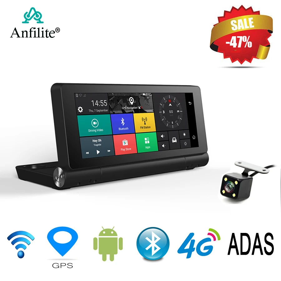 

Anfilite 4G 6.86'' Car GPS Navigation ADAS Bluetooth Android 5.1 Navigators Automobile with two cameras FHD 1080p black box