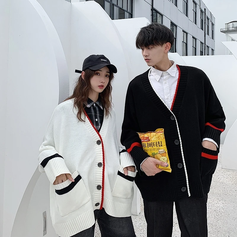 

Men's sweaters autumn 2019 new slim couples clashing colors cardigans loose casual round neck individuality young men's wear
