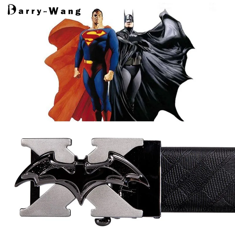 

Barry.Wang Batmen Belt for Men Black Cowhide Belt Real Leather Belt Silver Automatic Slide Ratchet Buckle Waist Belt Male Belt