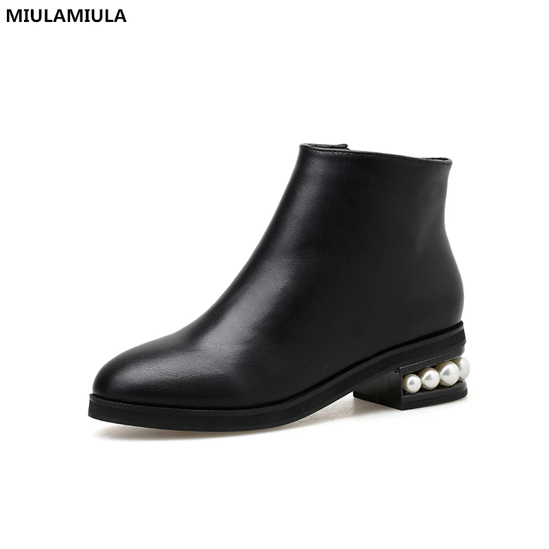 

MIULAMIULA Brand Designers 2019 Winter Fashion Luxury Pearl Black Genuine Leather Short Ankle Boots Lady Shoes Zipper SIZE 35-41