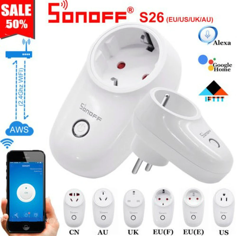 Sonoff S26 WiFi Smart Plug US/UK/AU/EU Беспроводная розетка мощность умный дом переключатель работа с Amazon Alexa Google Home IFTTT