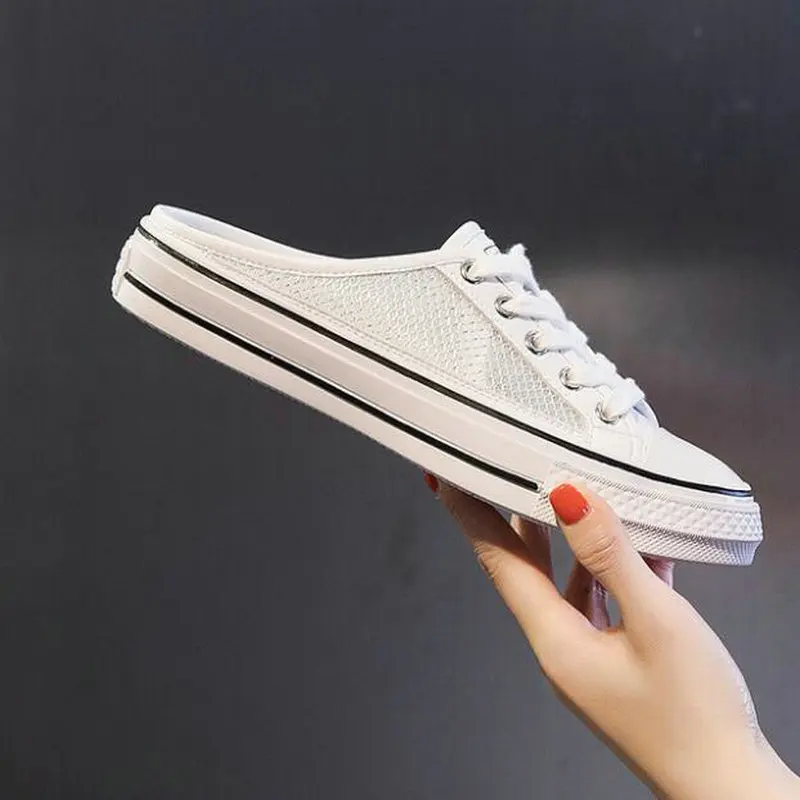 

Women higt quality casual canvas shoes half slippers flats lace-up White/Silver color Spring/summer Breathable women shoes YA102