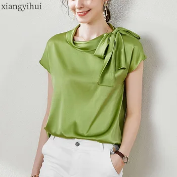 

Bowknot Design Real Silk Blouse Woman Fashion Summer Loose Shirt 2020 New Pink O Neck Short Sleeve Silk OL Tops Blousa