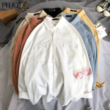 PFHQ – chemises à manches longues pour hommes, couleur unie, ample, poches pour étudiants, décontractées, tout assorti, à la mode, revers 21D3399, 2021