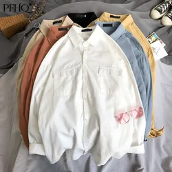 Pfhq camisa masculina de manga longa em cor sólida, 2021 ins, solto, cor sólida, bolsos de estudante, casual, combinação com moda masculina lapela 21d3399
