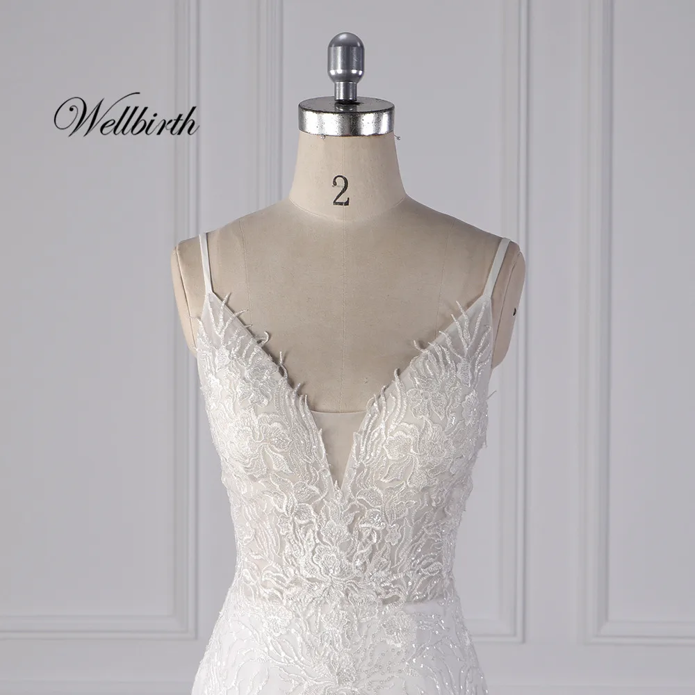 Реальное изображение Wellbirth Vestido de novia v-образным вырезом платье-Русалка на тонких бретельках свадебное платье кружева Спина подвенечное платье js003