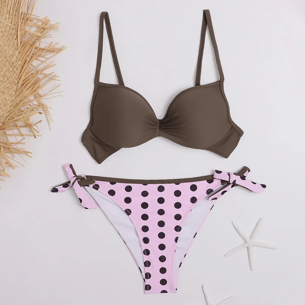2020 Bikini Set Halter Swimwear Women Dot Solid Color Swimsuit Side Bandage Bathing Suit Beachwear Push Up Sexy Bikini