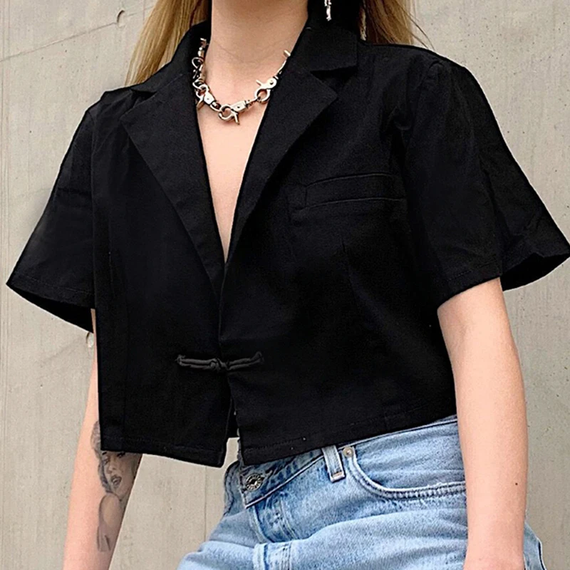 

Gothic Black Women Turn-down Collar Short Sleeve Button Crop Tops 2020 Summer Goth Female Dark Streetwear Skinny Short T-shirt