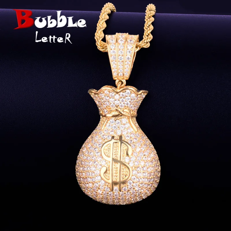 

Men's Dollar bag Pendant Necklace Tennis Chain Cuban chain Gold Silver Ice Out Cubic Zircon Hip hop Rock Jewelry