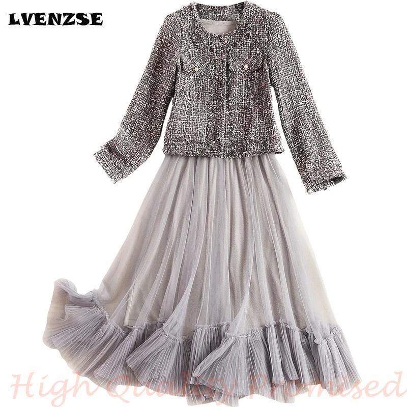 

LVENZSE Dress Set 2019 Suit Dress New Fashion Slim Thick Flower Fragrance Dress Two-piece Set Buttercup Coat and Midi Mesh Dress