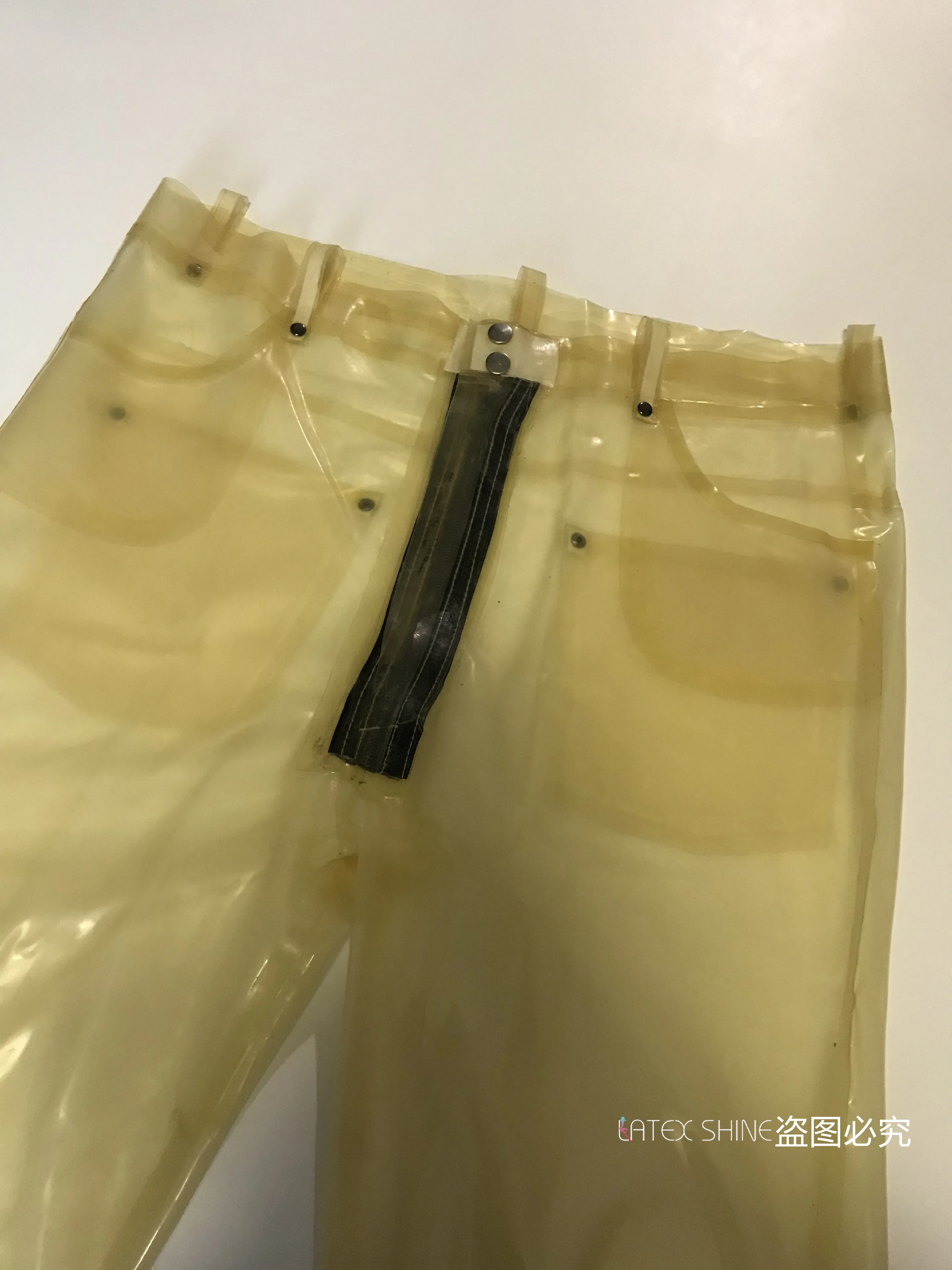 Men Transparent Latex Fetish Pants Rubber Jeans Pockets Belt Front Zipper Sexy