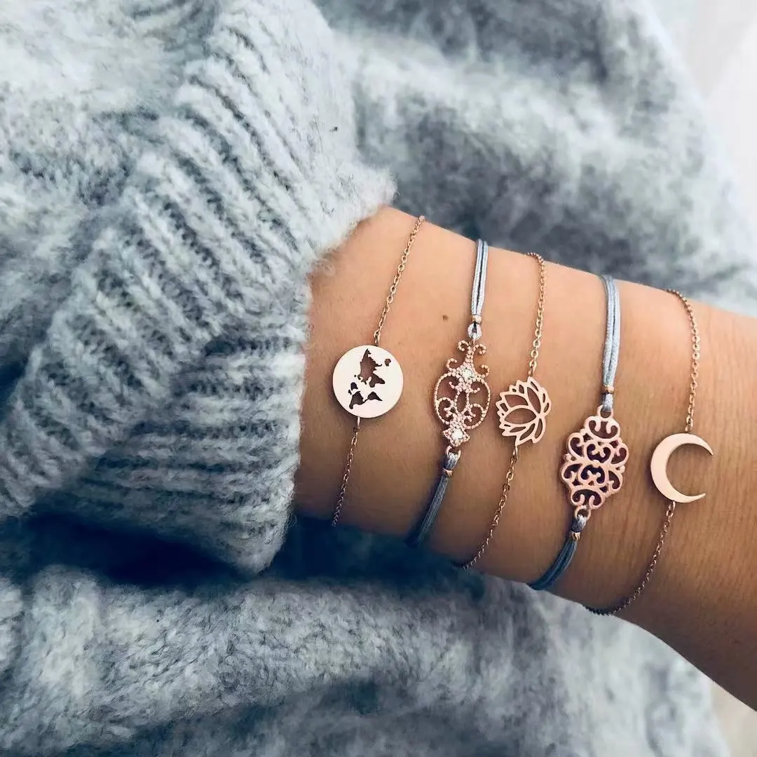 

Bohemia Bangle Moon Map Flower chain Bracelet with alloy and cotton for Women gold chain link bracelets Jewelry Accessories
