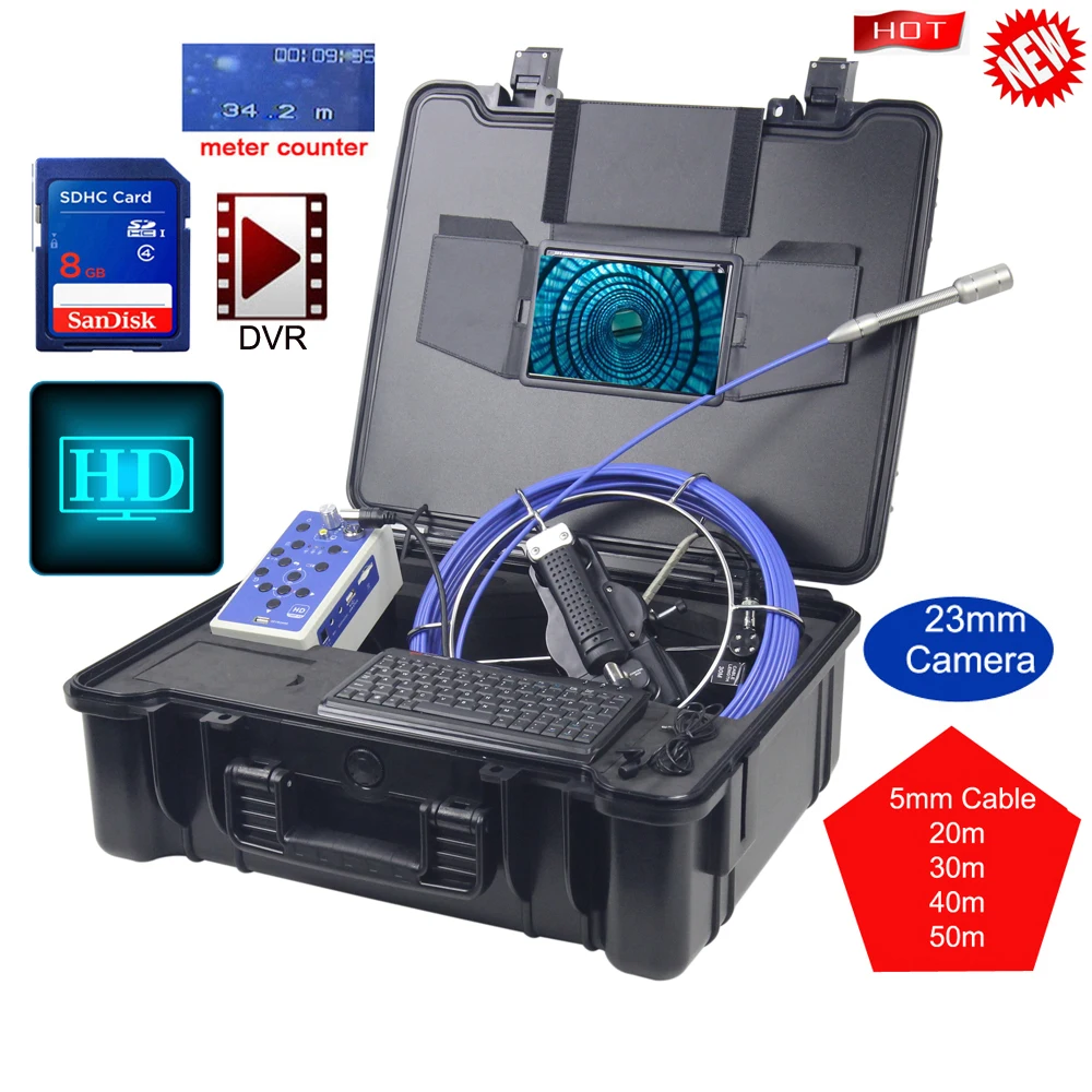 

1280P 23mm Pipe Inspection Camera System 9'IPS Screen DVR Keyboard USB Drain Sewer Video Endoscope Borescope 20m 30m 50m Cable