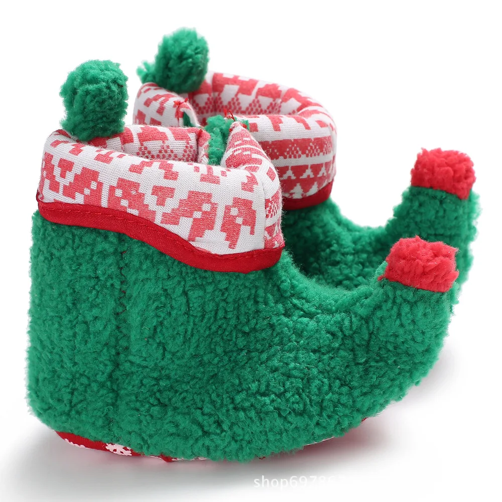 Toddler First Walkers Newborn Baby Shoes Boy Girl Christmas Elf Booties Warm Plush Soft Anti-slip Infant Crib Socks Shoes - Цвет: green