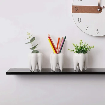 

Cute Tooth Shaped Pen Pencil Holder, White Ceramic Succulent Planter Pots for Home Office Decoration Desk Organization, Set Of 3