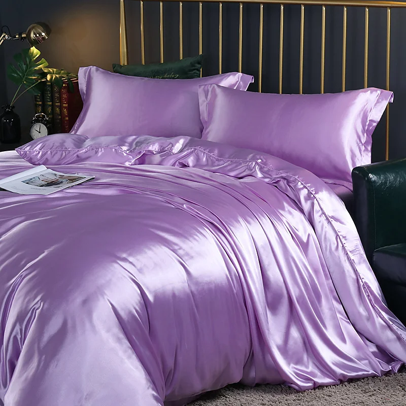 Mulberry Silk luxury Bedding Set with fitted sheet High-end 100% Silk Satin Bedding Sets soft smooth Solid Color quilts Cover