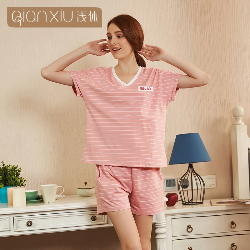 Summer Women Pajama Set Shortsleeves Shorts Length V Neck Striped