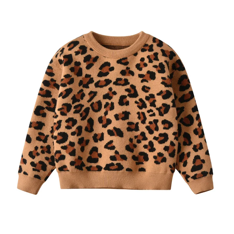 Весенне-осенний Детский свитер; вязаный свитер для девочек и мальчиков; осенние леопардовые милые наряды блузки для девочек; зимняя детская одежда; костюм