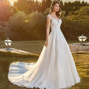 

Tulle Scoop Neckline Cap Sleeve Long A-line Wedding Dress Lace Applique Illusion Court Train White Beige Bridal married dress