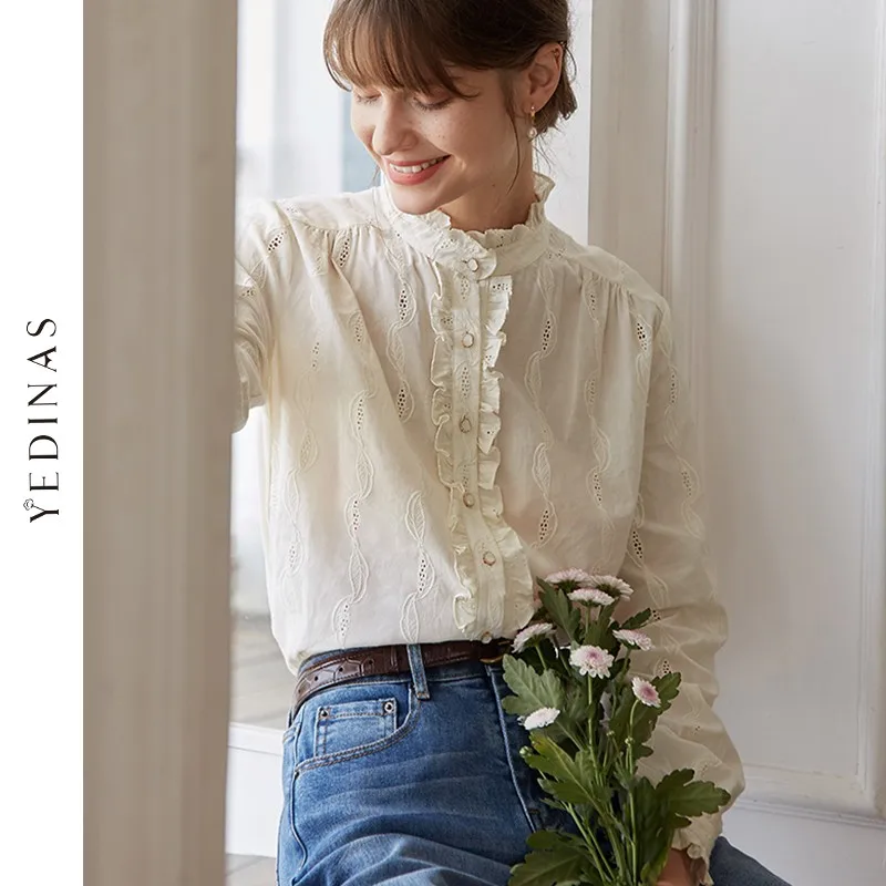 

Yedinas Vintage Womens Blouses 2021 white Blouse Lantern Sleeve Button Solid Stand Collar Ladies Lace Tops Women Shirts Blusas