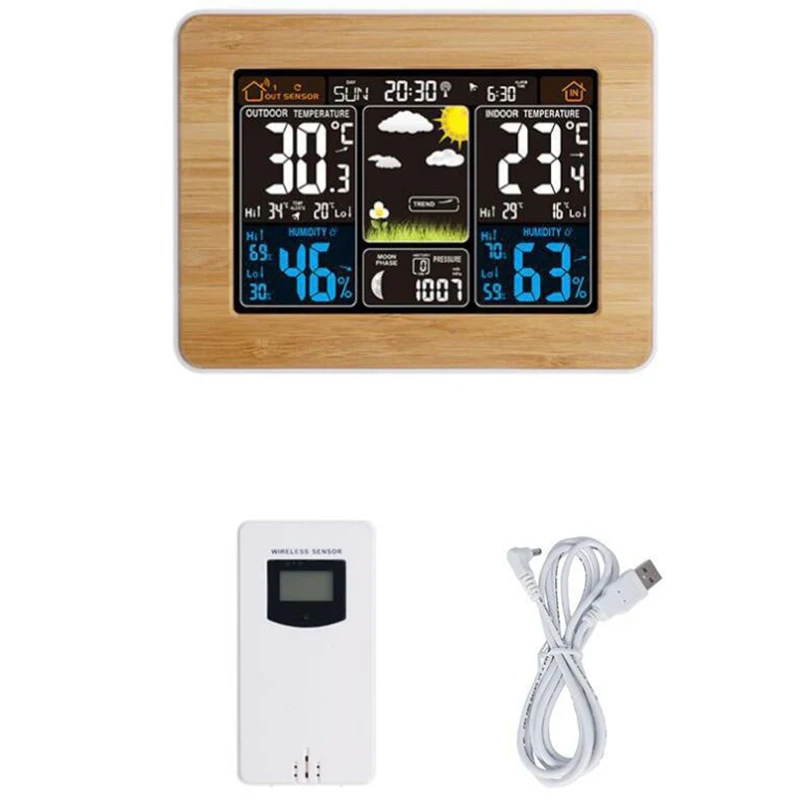 Color Sn Weather Forecast Clock Bamboo Surface Radio Wave Clock USB