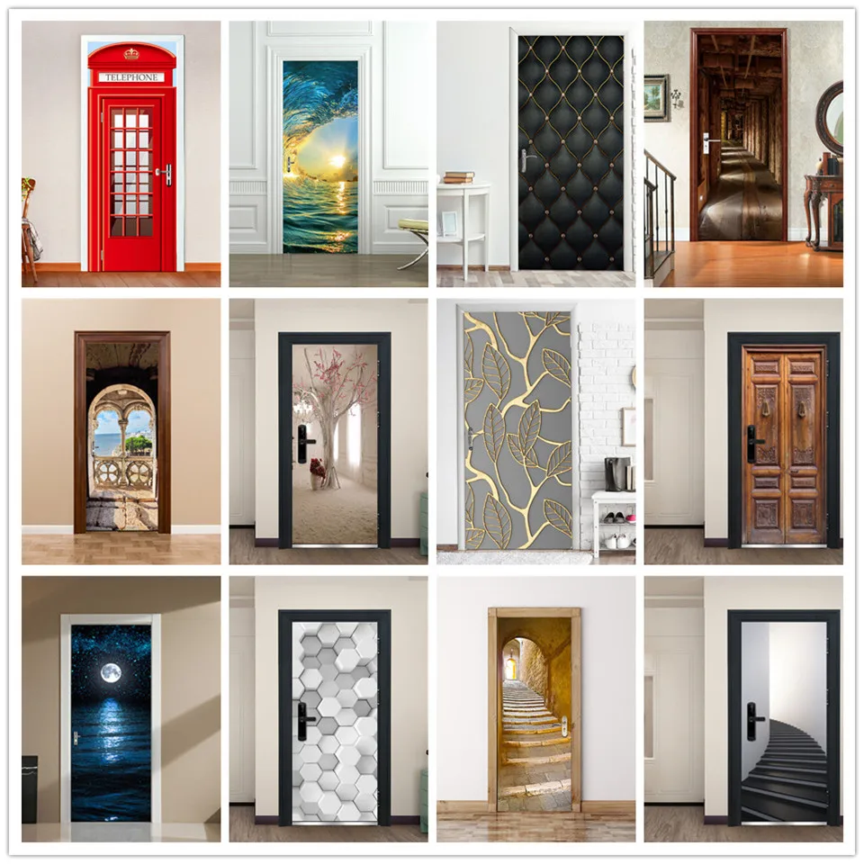 3D Wooden door Self-adhesive Living Room Door Stickers Murals Photos home decor 