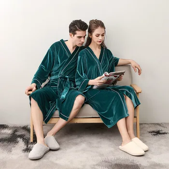 

Couple Green Velour Robe Autumn Winter Kimono Bathrobe Gown Velvet Sleepwear Casual Nightgown With Belt Home Dressing Gown