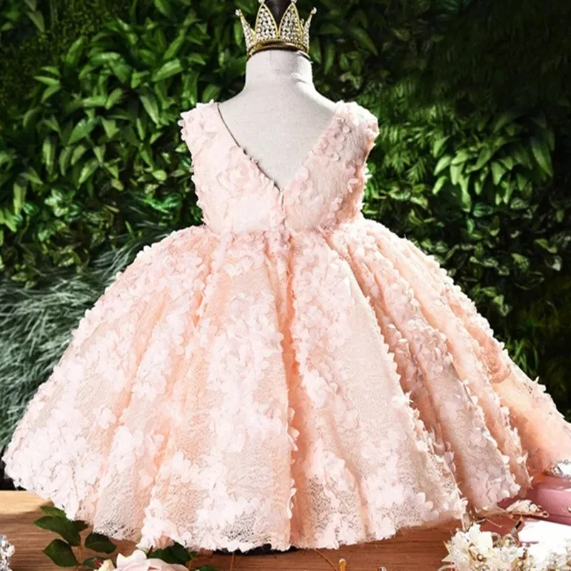 orange pink Платье с бантом; платье принцессы для маленьких девочек; кружевное платье-пачка с цветочным рисунком; детское платье подружки невесты на свадьбу; праздничные платья для выпускного вечера для девочек - Цвет: orange pink