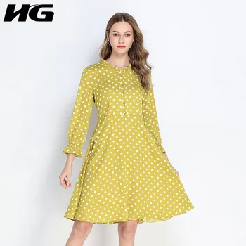 

HG Fresh Yellow Fashion Dresses Plus Size Long Sleeve Lace Collar Women Clothes 2020 Spring Oversized Women Dress Trend XJ4190