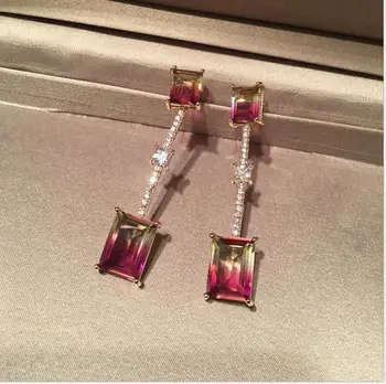 

Tourmaline earrings female rose red gradient square earrings luxury long fringed simple temperament earrings