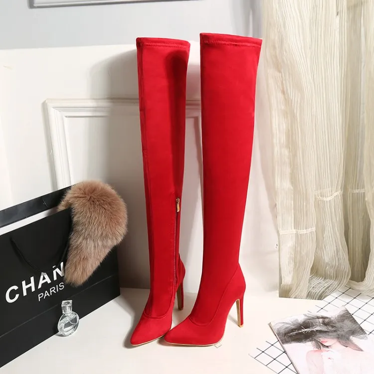 ZawsThia/Коллекция года; сезон осень-зима; пикантные женские эластичные ботинки на очень высоком тонком каблуке; Сапоги выше колен с острым носком; женские сапоги до бедра