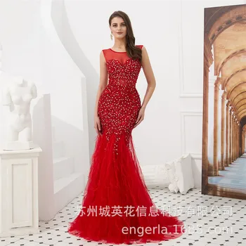 

Fashion Scoop Neck Cap Sleeve Beading Crystal Mermaid Evening dress Robe de soiree longue 2019 Long evening gowns